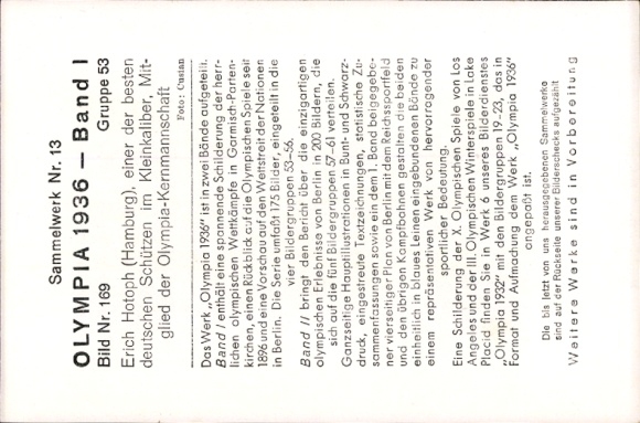 Collector's picture of the 1936 Olympics, sports shooter Erich Hotoph from Hamburg