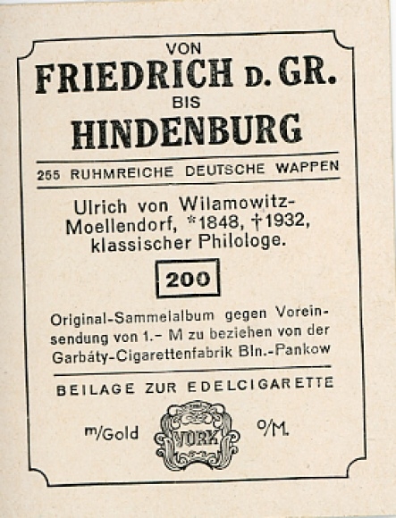 Collecting picture glorious German coats of arms No. 200, Ulrich von Wilamowitz-Moellendorff, philologist