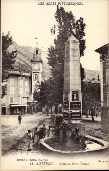 Postcard Sisteron Alpes de Haute Provence, Fontaine Saint-Tropez, clock tower, buildings, people, trees