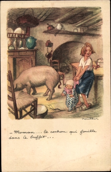 Artist PC Poulbot, Francisque, Ligue Nationale contre le Taudis, kinderen en varken in een keuken