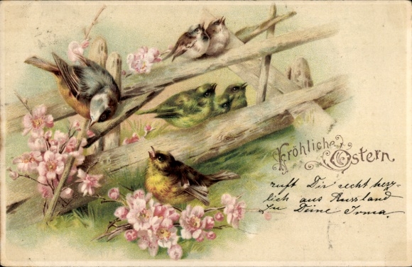 Litho Glückwunsch Ostern, Vögel, Blumen