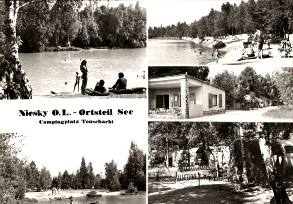 Postcard See Niesky in Upper Lusatia, Tonschacht campsite, lake, beach