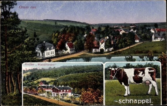 Ansichtkaart Kuhschnappel St. Egidien in Saksen, totaaloverzicht van de plaats, koffie Waldfrieden