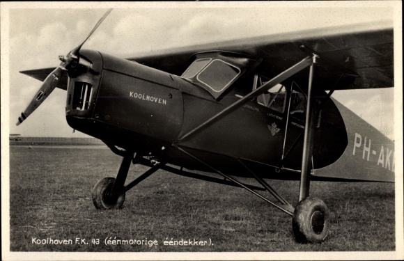 Postcard Dutch civil aircraft, Koolhoven FK 43