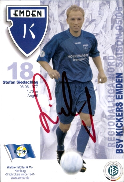 Karta autografu piłkarza Stefana Siedschlaga, BSV Kickers Emden, autograf