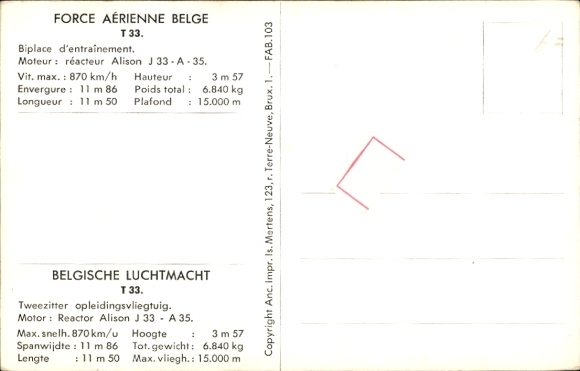 Postcard Belgian fighter aircraft, Force Aérienne Belge, T 33, Alison J 33 A 35, FT-36