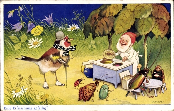 Artist Postcard Baumgarten, Fritz, Would you like a refreshment, dwarf, bird, beetle