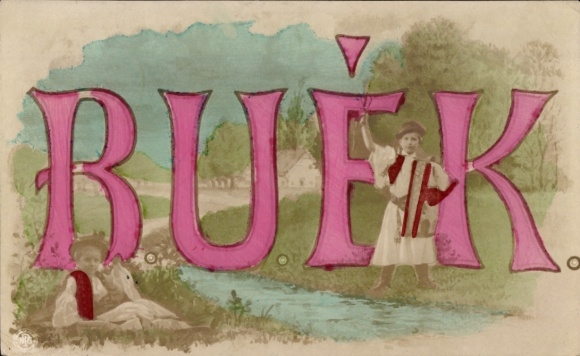 Letters Postcard First Name Bufk, Children in Folk Costumes