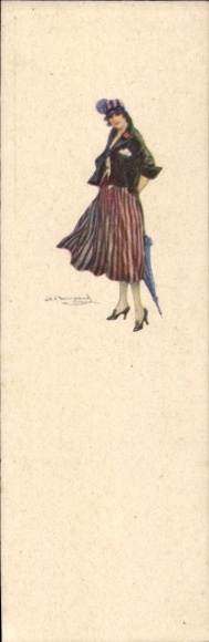 Artist Postcard Bompard, Sergio, Lady in Striped Skirt, Umbrella