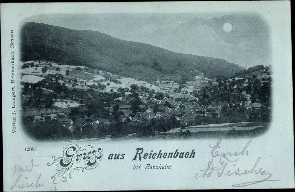 Mondschein Ak Reichenbach Lautertal im Odenwald, Blick auf den Ort