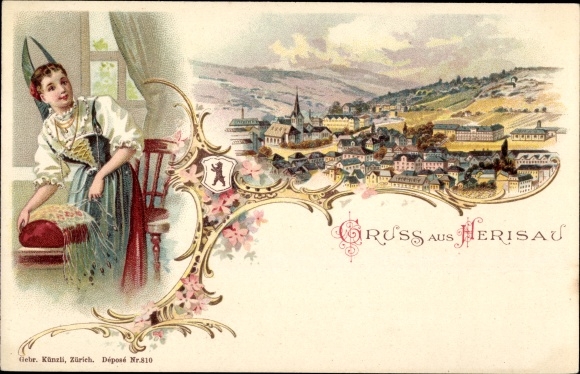Chromo-Litho Herisau Canton Appenzell Ausserrhoden, view of the town, woman in traditional costume making bobbin lace