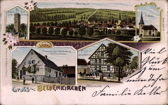 Litho Beedenkirchen Lautertal im Odenwald, Ev. Kirche, Geschäftshaus, Gastwirtschaft, Aussichtsturm