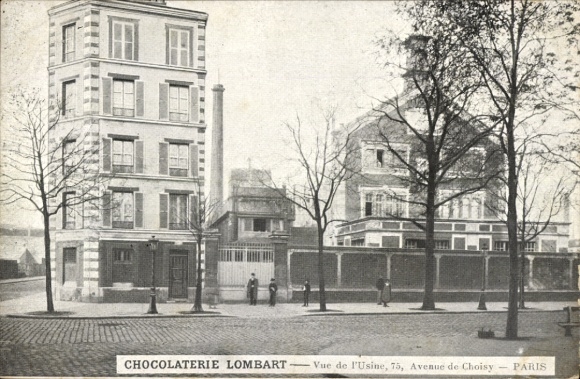 Ak Paris XIII, Chocolaterie Lombart, fabrieksgebouw, Avenue de Choisy, plein met bomen