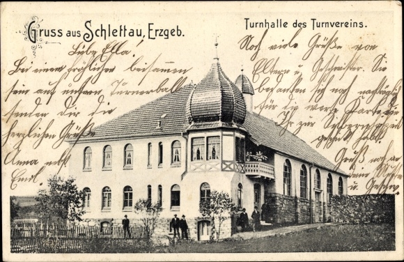Ak Schlettau in het Ertsgebergte, gymzaal van de gymnastiekvereniging