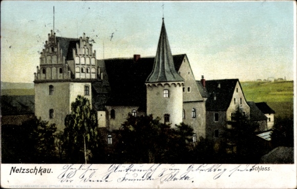 Ak Netzschkau im Vogtland, Schlossnetzschkau, historische Architektur, Grünflächen, Farbige Po...