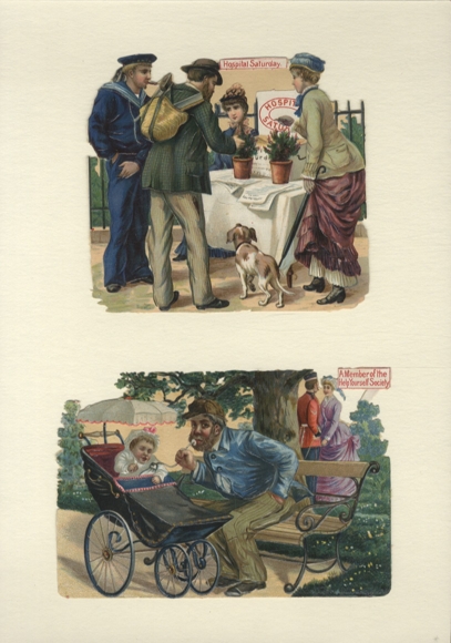 2 Oblaten Matrose,Tag der offenen Tür im Krankenhaus, Mann mit Baby im Kinderwagen, je ca. 12 x 13