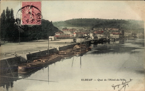 Ak Elbeuf Seine Maritime, Quai de l'Hotel de Ville, Boote, Panorama