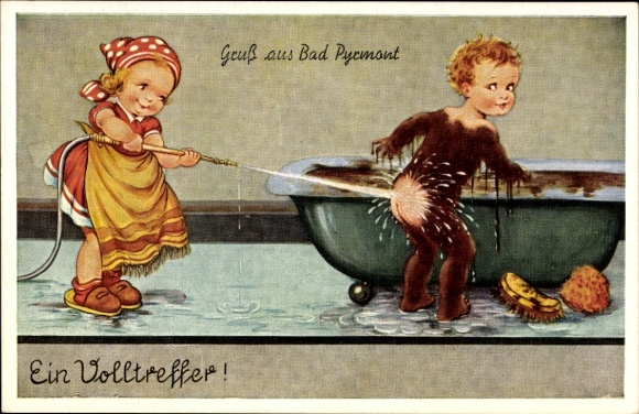 Postcard Bad Pyrmont, mud bath, a direct hit, water hose