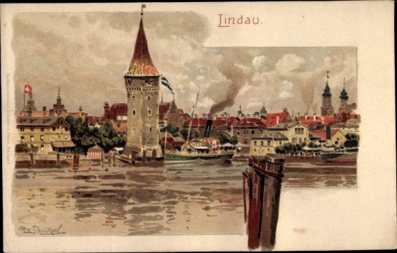 Artist Chromo-Litho Lindau on Lake Constance Swabia, harbor area