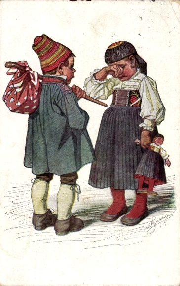 Artist Postcard Beithan, E., girl with doll, boy, sack, Hessian costumes