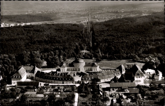Postcard Stuttgart, Solitude Palace, aerial view of Solitude Palace, surrounded by trees and fields