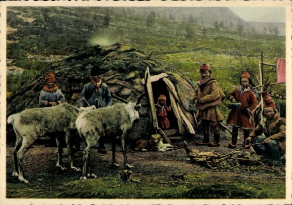 Postcard Norway, Lapland, family, Norwegian costume, reindeer