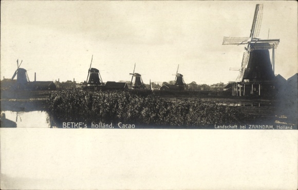 Postcard Zaandam Zaanstad North Holland, windmills, advertising, cocoa Betke