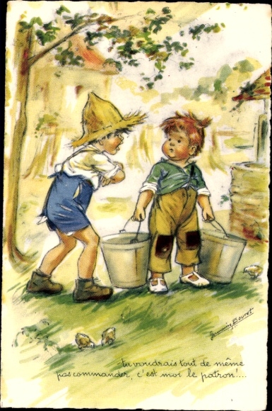 Artist Postcard Bouret, Germaine, Children at the Water Fountain