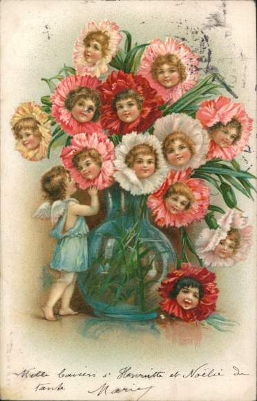 Chromo-Litho flowers with children's heads, flower vase, angels, kitsch