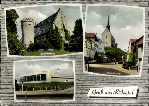 Ak Rödental in Opper-Franken, kerk Einberg, overdekt zwembad, kasteel