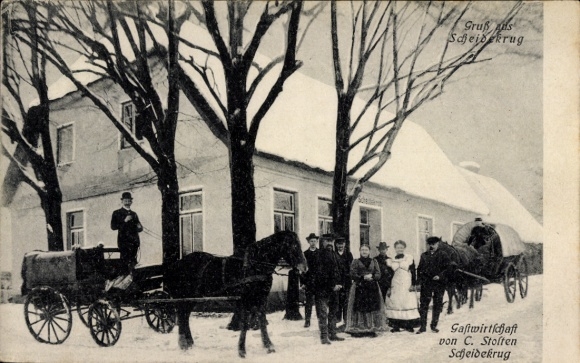 Postcard Scheidekrug Weede district of Bad Segeberg, inn C. Stolten, winter, wagons