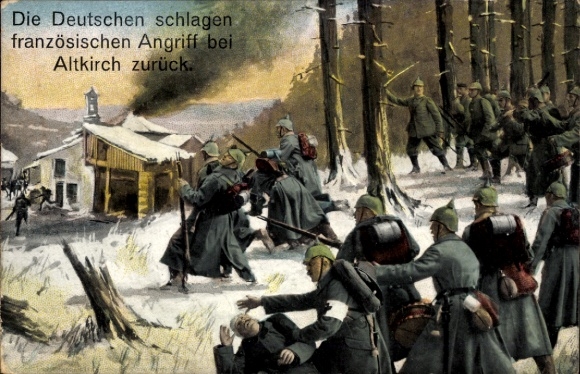 Postcard The Germans repulse the French attack at Altkirch, German soldiers, Empire