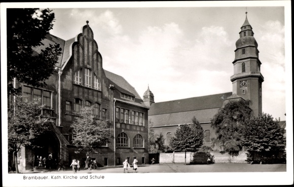 Postcard Brambauer Lünen in North Rhine-Westphalia, Kath church, school