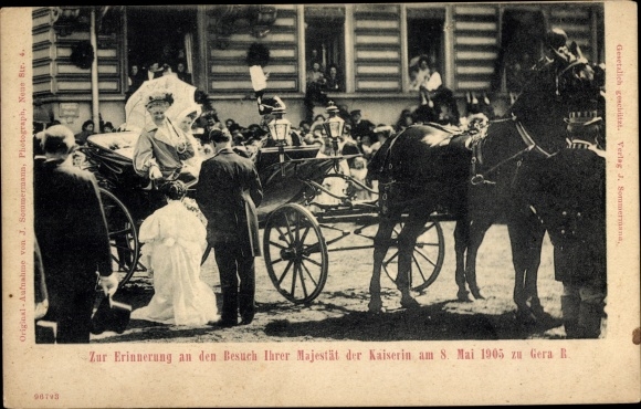 Ak Gera Reuß in Thüringen, Besuch Ihrer Majestät der Kaiserin am 8. Mai 1905, Pferdekutsche