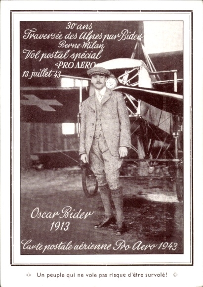 CPA Pro Aero 1943, Oscar Bider 1913, Traversee des Alpes