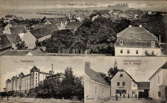 Postcard Niemberg Landsberg im Saalekreis, view of Malafabrik, inn of P. Silber