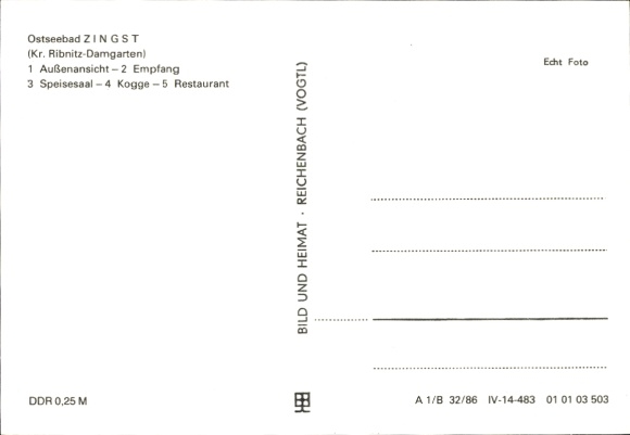 Postcard Ostseebad Zingst, FDGB recreation home, exterior view, reception, dining room, restaurant