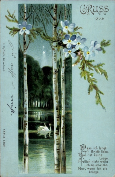 Chromo-Litho Lake, Swans, Starlight, Poem, It is no lie that I love long letters