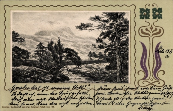 Jugendstil Passepartout Künstler Ak Landschaftsmotiv im Gebirge