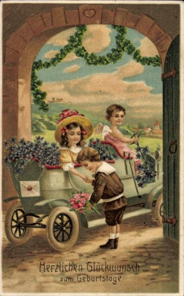 Embossed Chromo-Litho Congratulations Name Day, Lilac, Roses, Angel, Carriage