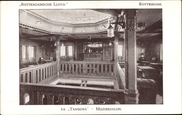Ansichtkaart stoomboot SS Tambora, Rotterdamsche Lloyd, Muzieksalon
