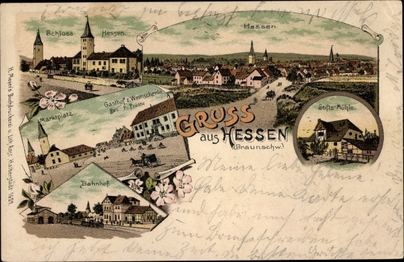 Chromo-Litho Hessen Osterwieck Harz district, castle, market square, train station, inn for wine tavern
