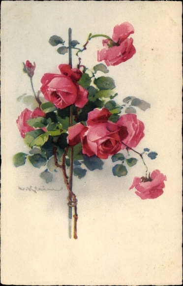 Artist Chromo-Litho Klein, Catharina, rose blossoms, Meissner &amp; book 2384