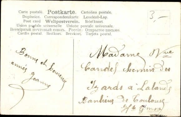 Litho Happy New Year, engel in een boeket vergeet-mij-nietjes
