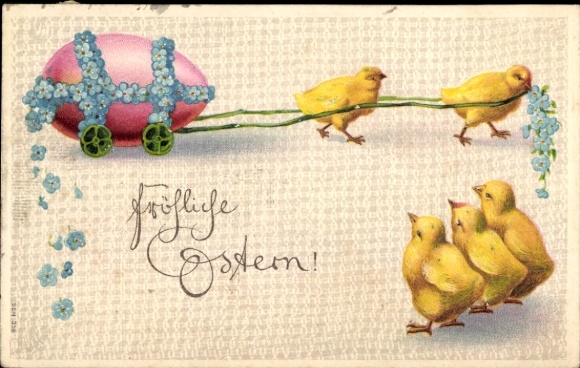 Postcard Bad Münder am Deister, chicks pull a colorfully painted Easter egg on wheels on a string...