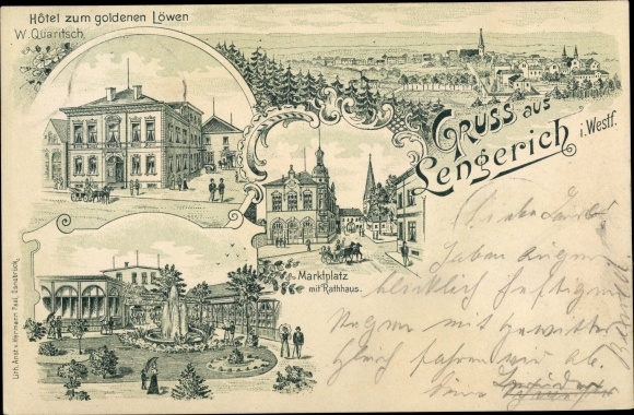 Litho Lengerich in Westfalen, Hotel zum goldenen Löwen, Marktplatz, Rathaus
