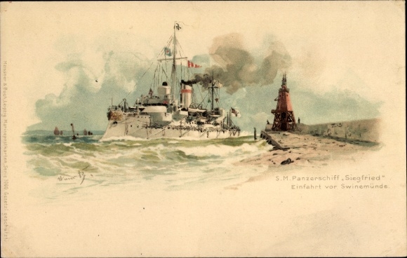 Artist Chromo-Litho Bohrdt, Hans, Swinemünde, German warship, SMS Siegfried, battleship