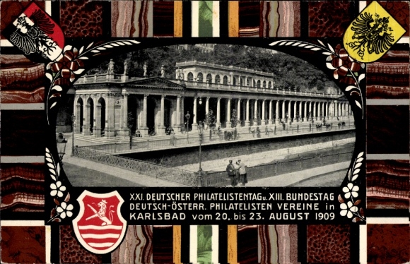 Herb papeterii pocztowej, passepartout KP Karlovy Vary Karlsbad miasto, XXI. Dzień Filatelisty Niemieckiego 1909