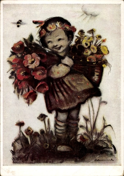 Artist Postcard Hummel, Berta, girl with bouquets, bumblebees