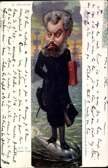 Artist Postcard Sirat, Camille Pelletan, Minister of the Navy, portrait on a torpedo, caricature